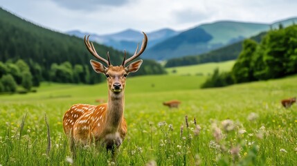 Naklejka premium Majestic Deer Standing in a Lush Meadow with Forested Hills in Background, Wildlife Concept