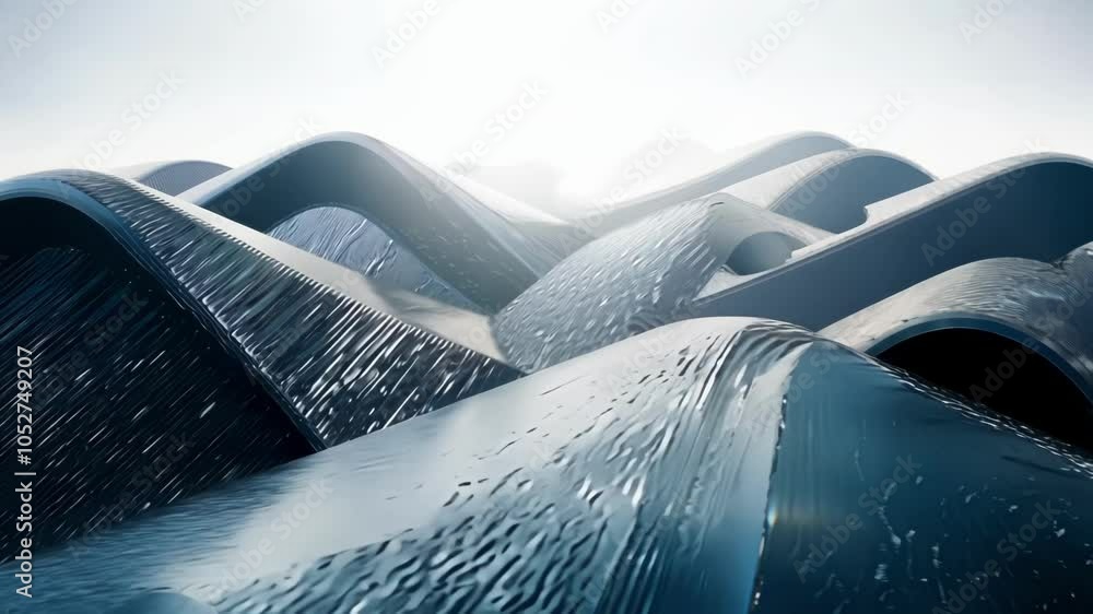 Poster Metallic waves flow gracefully, forming an abstract and surreal landscape. The smooth movements create a dreamlike atmosphere, evoking a sense of luxury and innovation