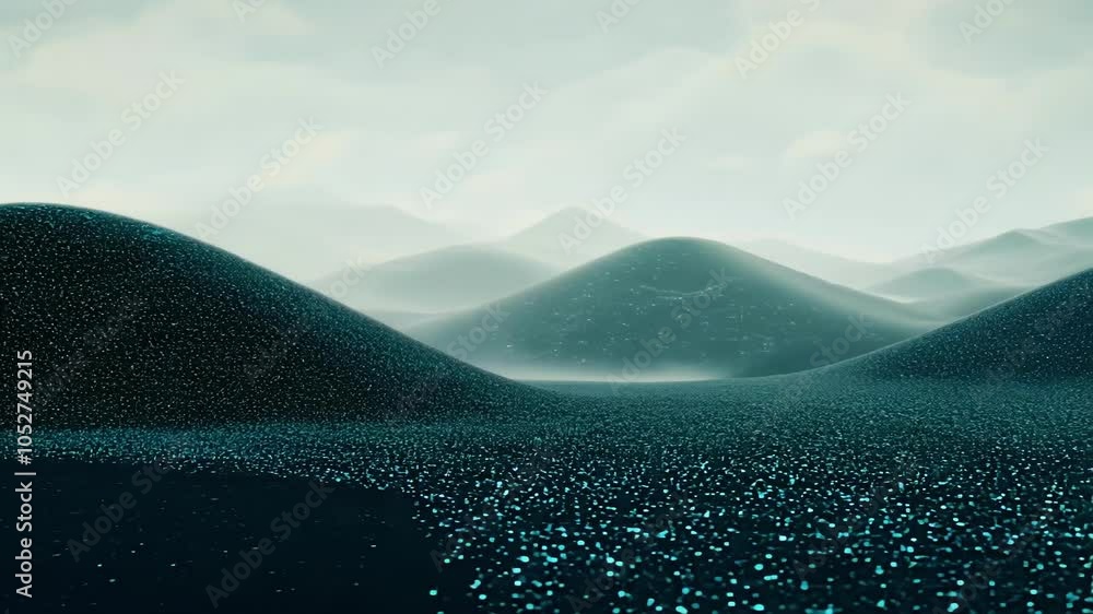 Poster camera moving over a surreal, minimalist landscape with glowing particles. ideal for projects relate