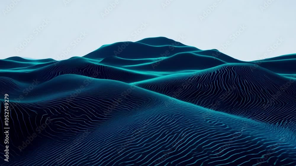 Poster Turquoise light illuminating the contours of a dark blue desert highlights the intricate topography, creating a surreal and abstract landscape filled with unique shapes and patterns