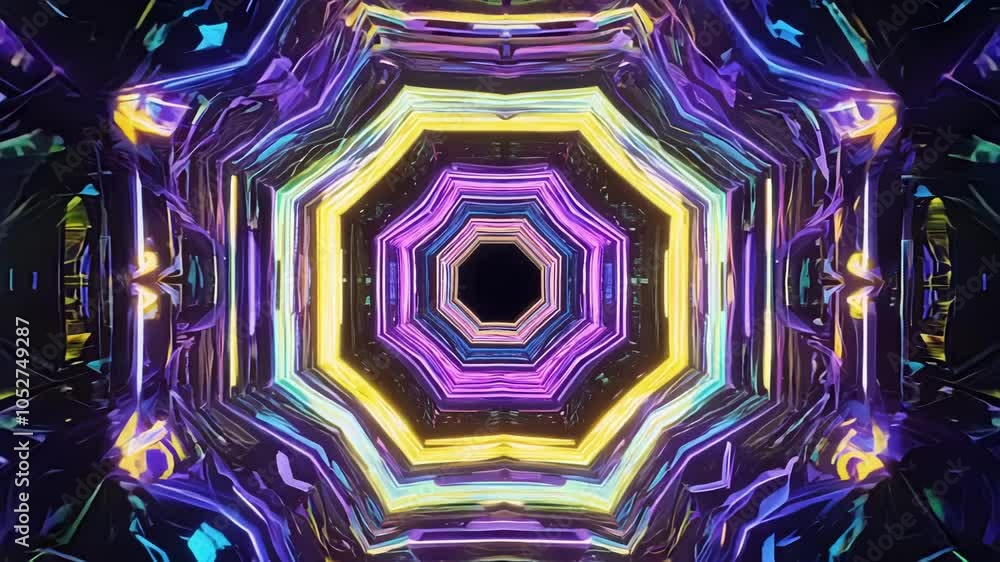 Poster Mesmerizing geometric shapes and vibrant neon lights rapidly change, creating a surreal tunnel effect that captivates with its infinite corridor and dynamic visual appeal