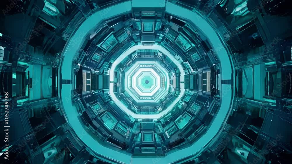Poster Futuristic tunnel showcases a seamless journey through a glowing turquoise cyberspace. The camera moves forward, creating an immersive visual experience filled with energy and light