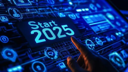 Business Plan 2025 Strategy  A digital display reading "Start 2025" with a finger reaching toward it