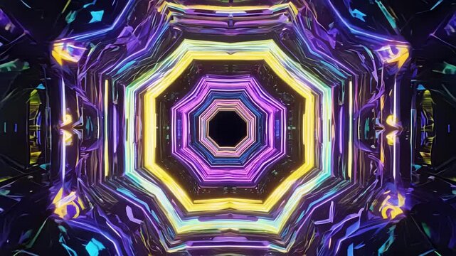 Mesmerizing geometric shapes and vibrant neon lights rapidly change, creating a surreal tunnel effect that captivates with its infinite corridor and dynamic visual appeal