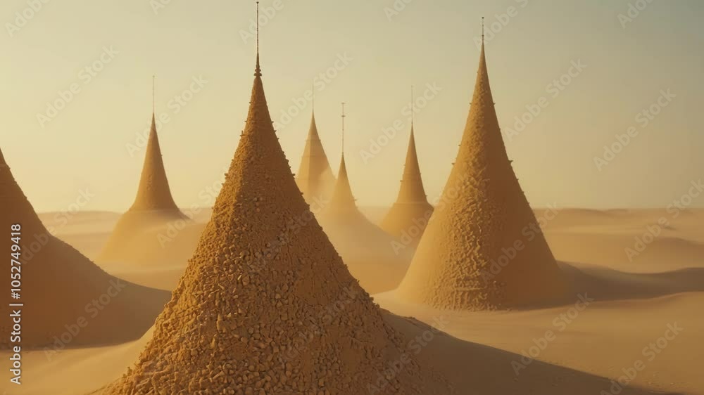 Poster wind swirling sand around mysterious conical structures creates a surreal atmosphere in a vast deser