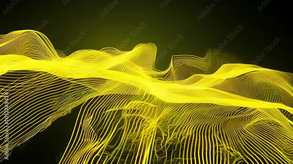 Poster yellow wavy lines are flowing on a black background. this surreal animation is a perfect concept for