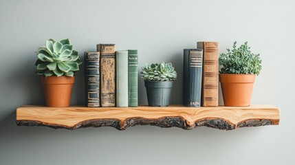 A rustic wooden shelf with a natural edge, holding vintage books and potted succulents against a light grey wall.