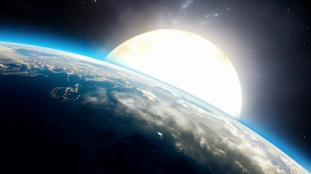 Surreal imagery showcases a giant sun rising over earth from space, offering a unique perspective of the planet and its star against a backdrop of the cosmos