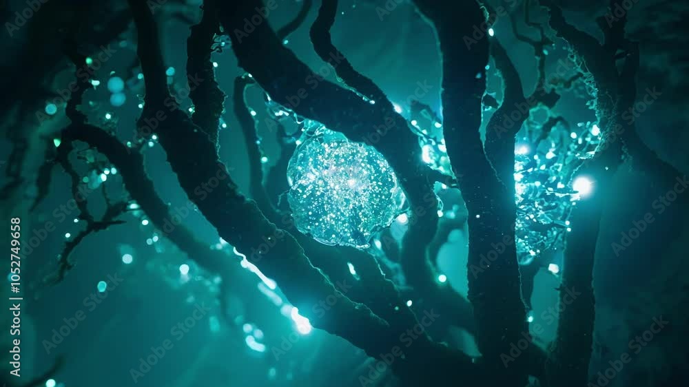 Poster Glowing crystal ball hangs from a surreal tree branch, slowly rotating in a dark space illuminated by vibrant green neon light, creating an enchanting atmosphere of mystery and magic