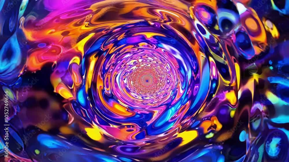 Poster Abstract animation of swirling colors forming a tunnel vision. Ideal for projects related to psychedelia, altered states of consciousness, meditation, and the exploration of the subconscious