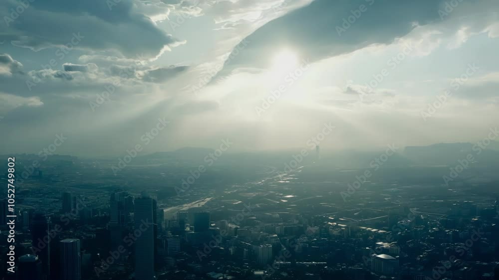 Poster Surreal sunlight breaks through a cloudy sky, illuminating a vast cityscape. The scene captures the interplay of light and clouds over an expansive urban environment