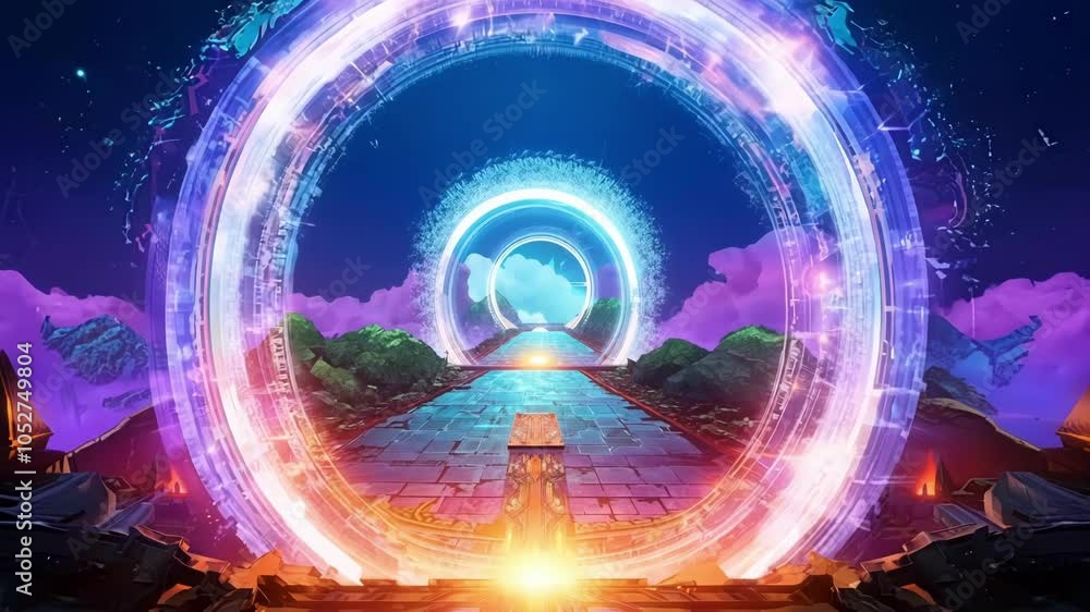 Poster bright glowing portal is appearing over a stone path leading to another world. this surreal animatio