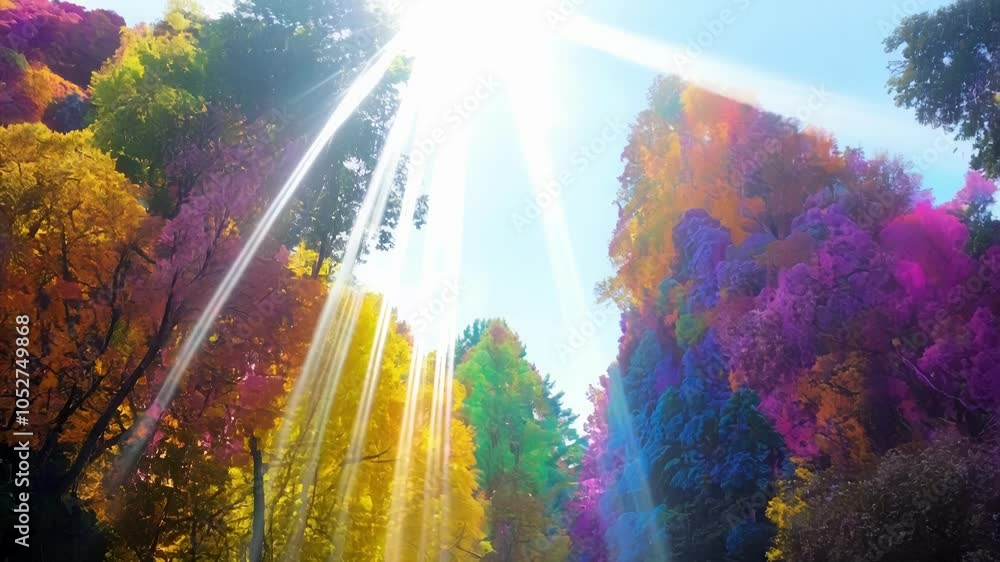 Poster sunlight beams through a colorful, surreal forest canopy while the camera pans upward, revealing a v