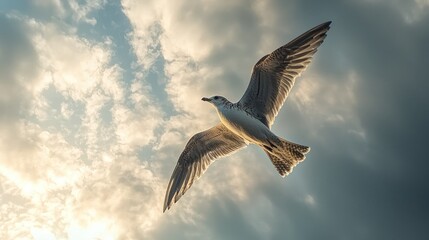 Obraz premium A seagull soars through the air against a backdrop of fluffy clouds.