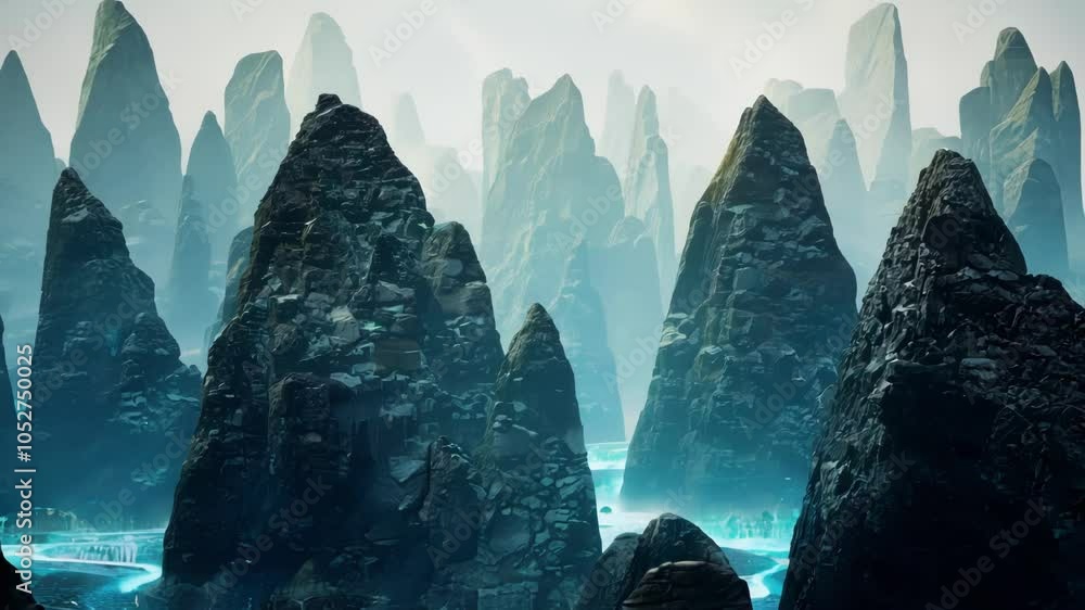 Poster surreal landscape slowly revealing itself. mountains and rocks surround a glowing river in a mysteri