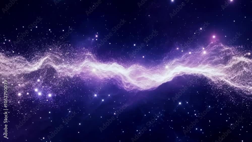 Poster surreal animation showcases a purple nebula cloud evolving in deep space, surrounded by countless br
