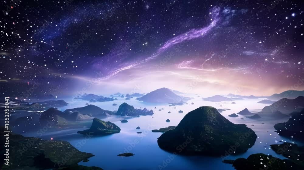 Aufkleber galaxy forms and brightens in the night sky, while twinkling stars reflect in the surrounding water 