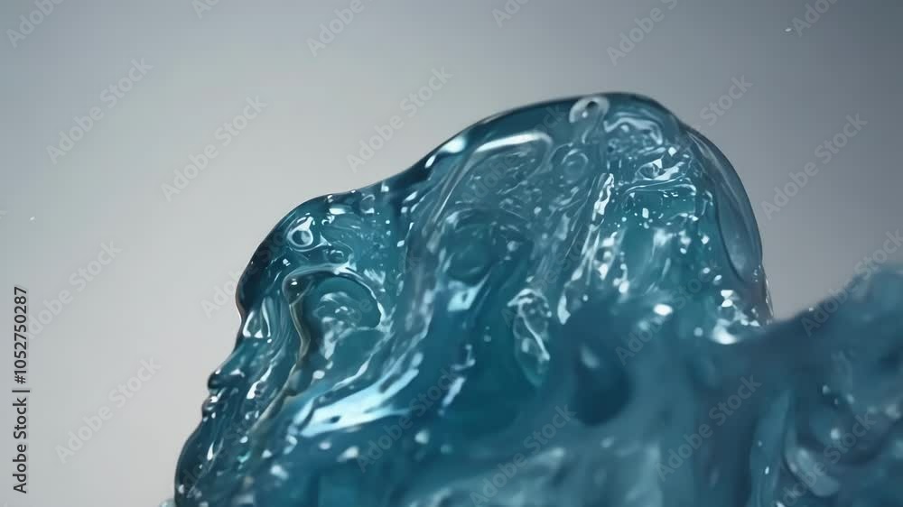 Poster flowing blue gelatine creates abstract, organic shapes against a white background. the thick, viscou