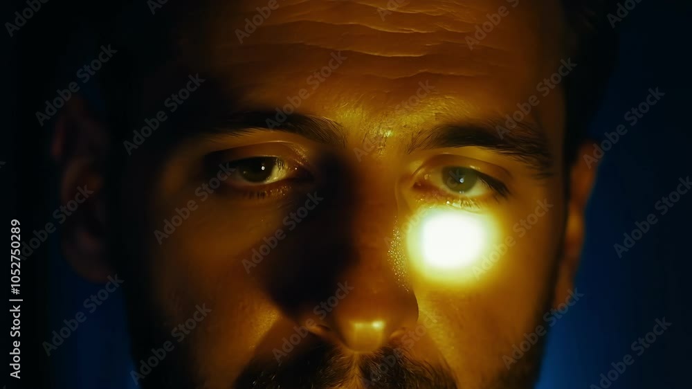 Poster Light moving across a man's face creates a surreal illumination, highlighting features and evoking a captivating blend of emotion and mystery in a dramatic, artistic portrait