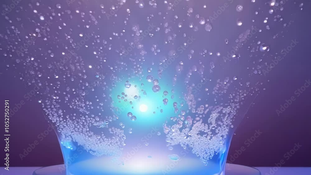 Poster surreal purple and blue illuminated droplets rise slowly in a glass container. the light creates a m