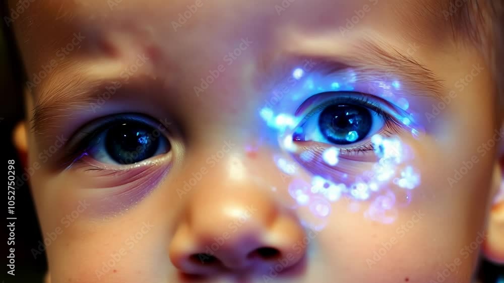 Poster close up of a young boy with a rotating light pattern projected onto his face. the surreal imagery c