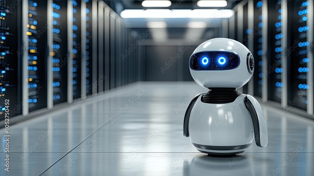 Poster a cute robot with a cheerful expression explores a high-tech server room filled with advanced techno
