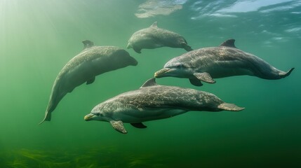 Obraz premium A pod of four dolphins swim in clear turquoise water, sunlight shining through the surface.