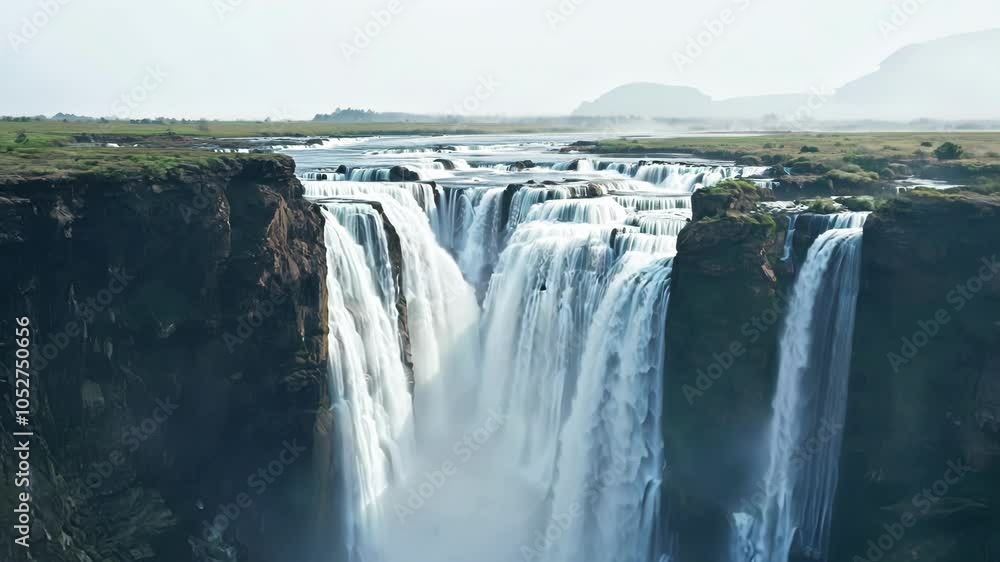 Poster cascading water flows over a cliffside, while a slow pan to the right creates a mesmerizing optical 
