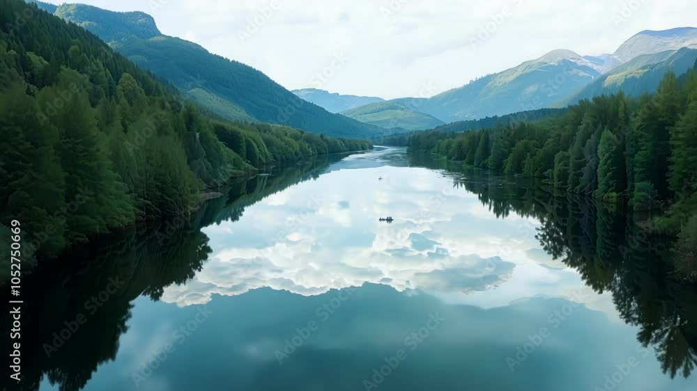 Aufkleber Pristine river mirrors a dramatic cloudscape, creating a surreal and mesmerizing effect. The tranquil waters perfectly reflect the sky, blurring the lines between reality and illusion