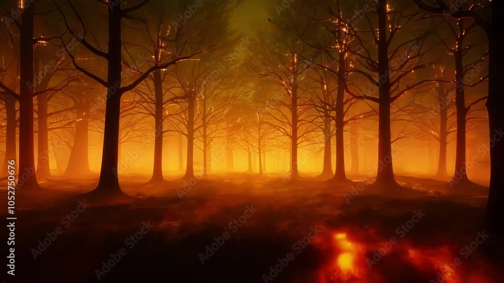 Poster surreal forest fire burning with orange flames. a mysterious and eerie atmosphere with a river of fi