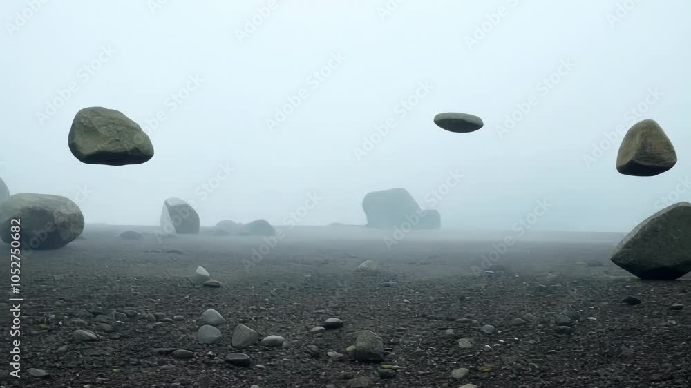 Poster Rocks float effortlessly over a misty landscape, creating a surreal and mysterious atmosphere. The scene evokes feelings of magic and tranquility in a dreamlike setting