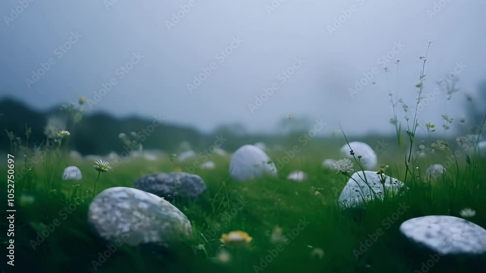 Poster wind blowing on a field of grass and wildflowers on a foggy day with white rocks in the distance, cr