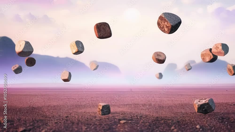 Poster Surreal imagery showcases rocks floating above a barren landscape, creating an ethereal and mysterious atmosphere with a captivating dreamlike quality