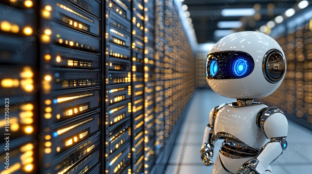 Poster a cute robot with a cheerful expression explores a high-tech server room filled with advanced techno