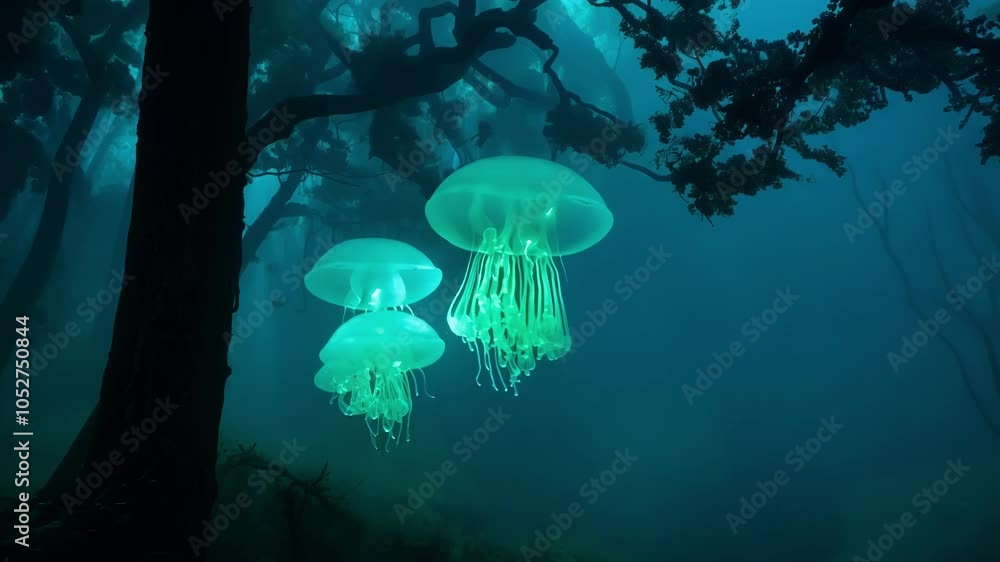 Poster two bioluminescent jellyfish swim gracefully through a surreal underwater forest, illuminating the d