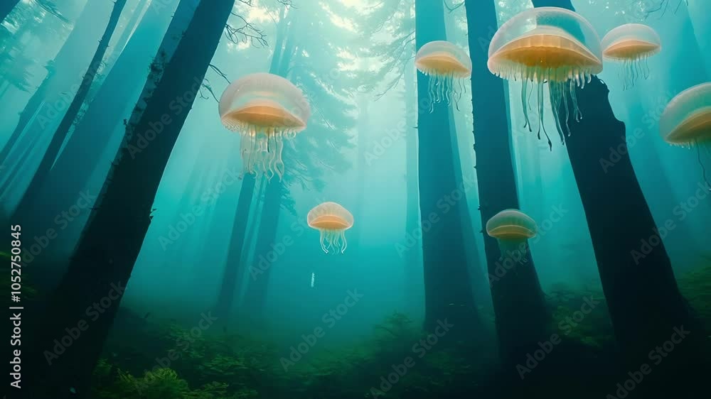 Poster glowing jellyfish swim gracefully through a surreal underwater forest. sunbeams illuminate the scene