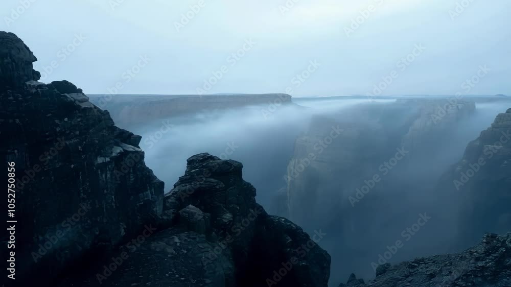 Poster surreal fog envelops a canyon, creating a mysterious and captivating atmosphere. the slow movement o