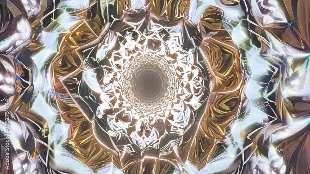 Fototapete Morphing and evolving, a metallic kaleidoscope tunnel captivates with light emanating from its center, creating an abstract and mesmerizing visual experience