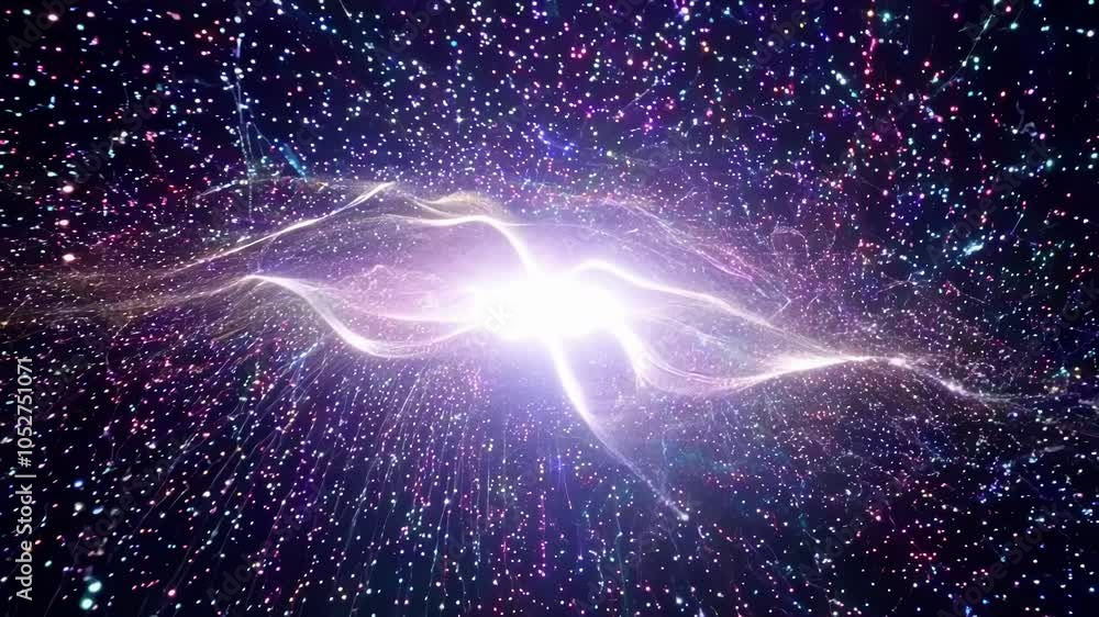 Aufkleber Bright light evolving and transforming in colorful galaxy with stars. Surreal animation with light effects for creative projects
