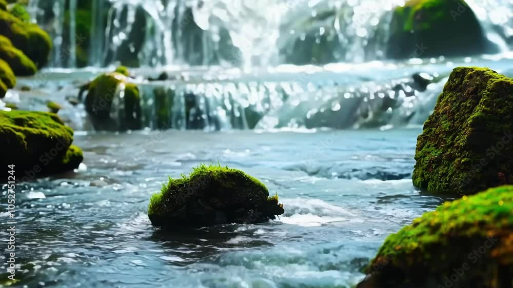 Poster water flows rapidly over moss covered rocks in a river, while sunlight glistens on the surface, crea