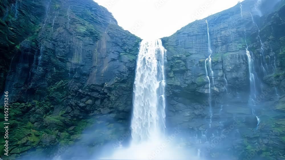 Poster Cascading water flows over a cliff face, creating a surreal transformation in a mesmerizing morphing sequence that captivates with its beauty and dynamic movement