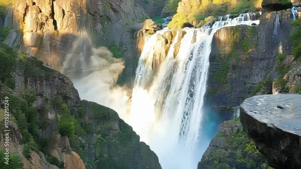 Poster wide waterfall shifts slightly to the right, revealing a flat rock platform extending over the river