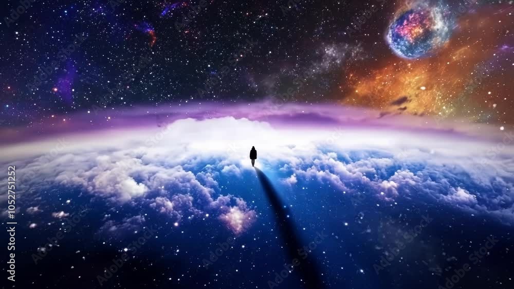 Poster Lone silhouette is walking along a path of light above the clouds in space. Planets and nebulae can be seen in the distance