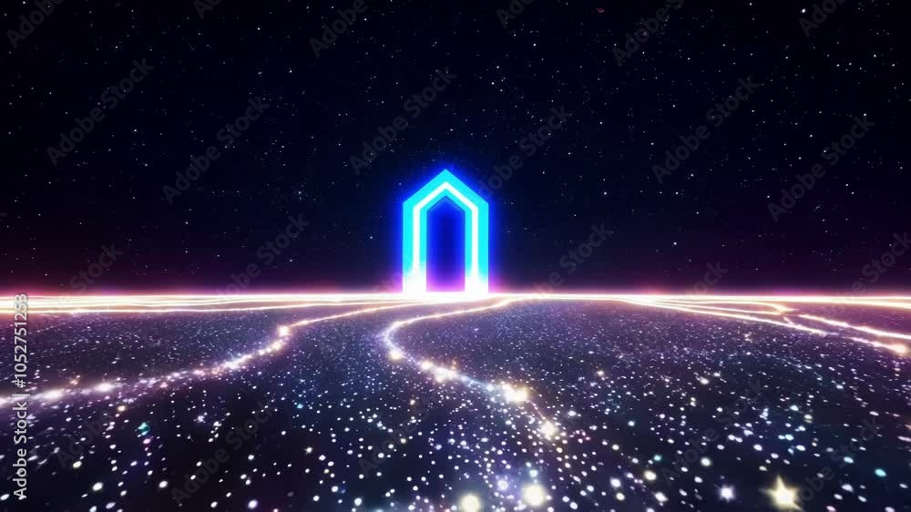 Poster glowing neon archway materializes on a starry horizon, with streams of light flowing toward it, crea