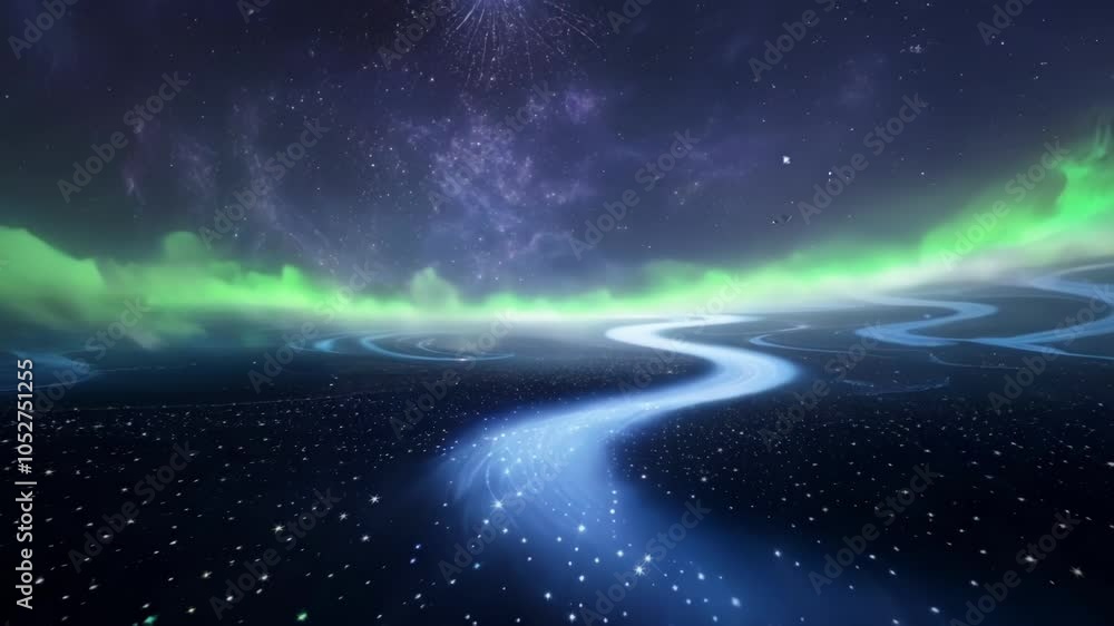 Aufkleber luminous river flows through a surreal landscape filled with stars and vibrant green aurora borealis