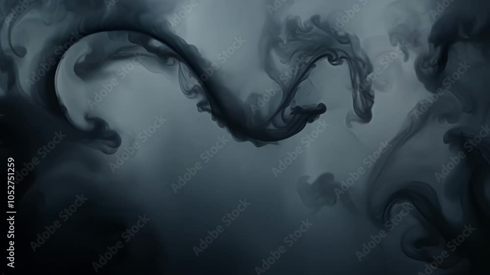 Poster dark ink swirls gracefully in water, creating mesmerizing patterns against a gray background. the fl