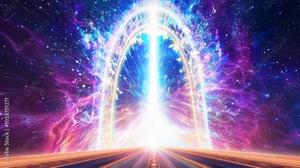Poster bright energy portal is opening on a road in space. this surreal animation is perfect for projects r