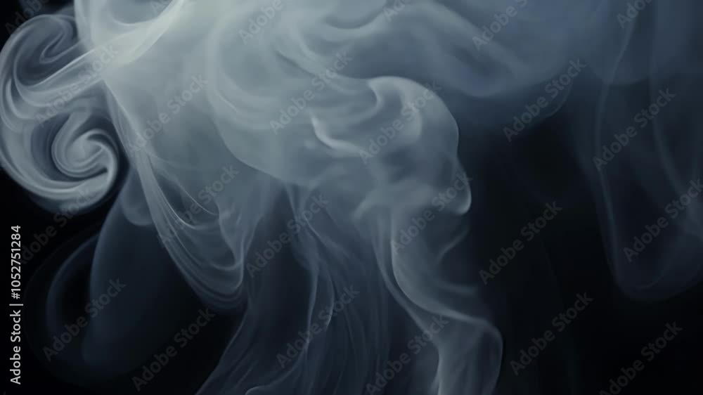 Poster White smoke swirls and dances against a black background, forming abstract and mesmerizing shapes. Ethereal movements create a mysterious atmosphere filled with flowing patterns