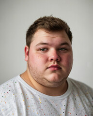 Fototapeta premium Realistic portrait of a young man with extra weight, isolated on a plain white background