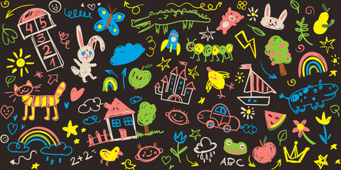 Naklejka premium Kids scribble on a black school blackboard. Hand drawn doodle sketch children. Doodle crayon style. Cute school chalk background. Vector illustration